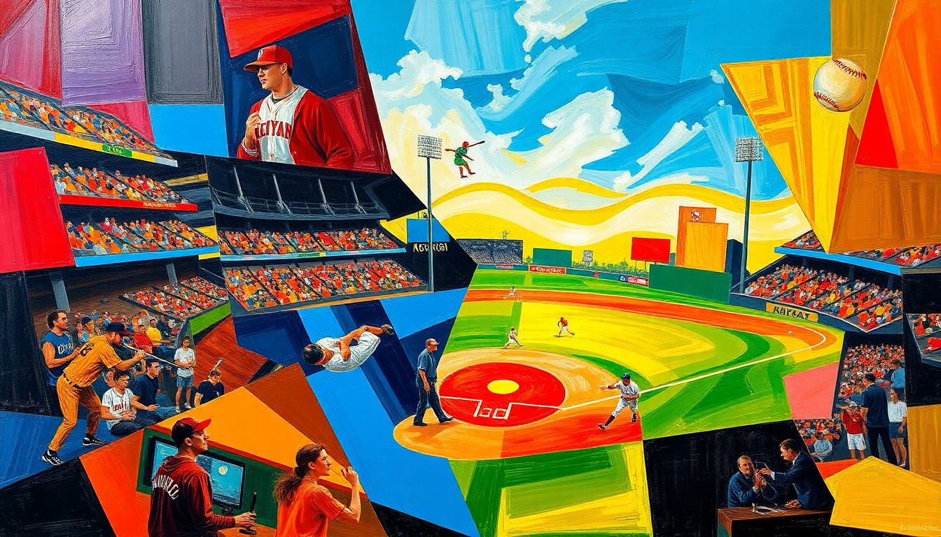 A fractured, geometric painting depicting the dynamic action of a baseball game and a softball game, with sharp planes of color and overlapping perspectives capturing the raw athleticism of the Huskers' home contests.