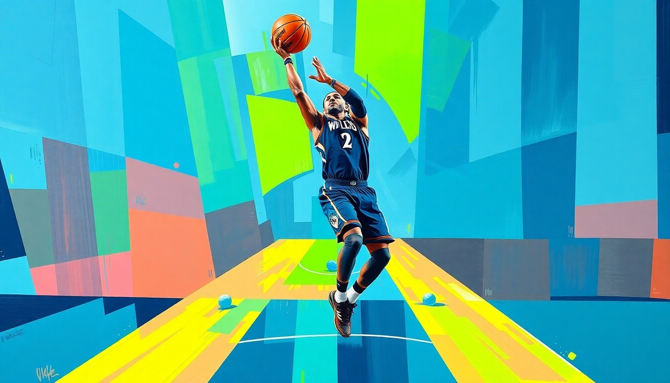 A fractured, multi-perspective painting in vibrant blues and greens, depicting the dynamic movement of a basketball player in mid-jump shot, conceptually representing the Timberwolves' challenge without their star player.