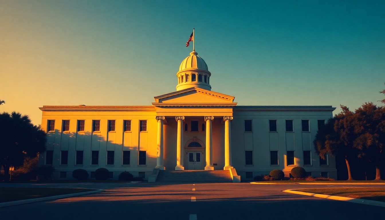 A cinematic painting of a government building in Tallahassee, Florida, with warm sunlight and deep shadows creating a sense of stillness and inaction.