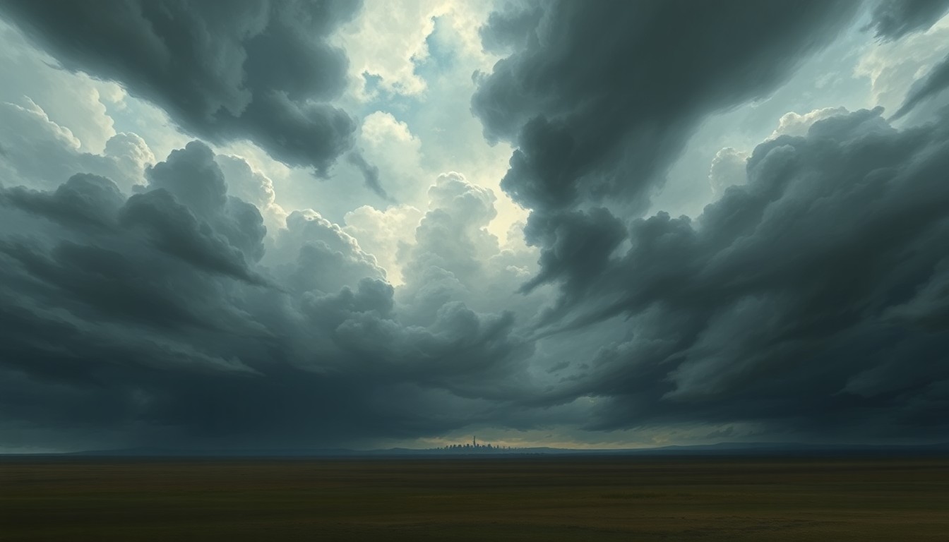 A dramatic, atmospheric landscape painting in muted tones of gray, blue, and black, depicting a stormy, turbulent sky filled with dark, swirling clouds over a flat, desolate plain, with only a faint silhouette of a distant town or city barely visible on the horizon.