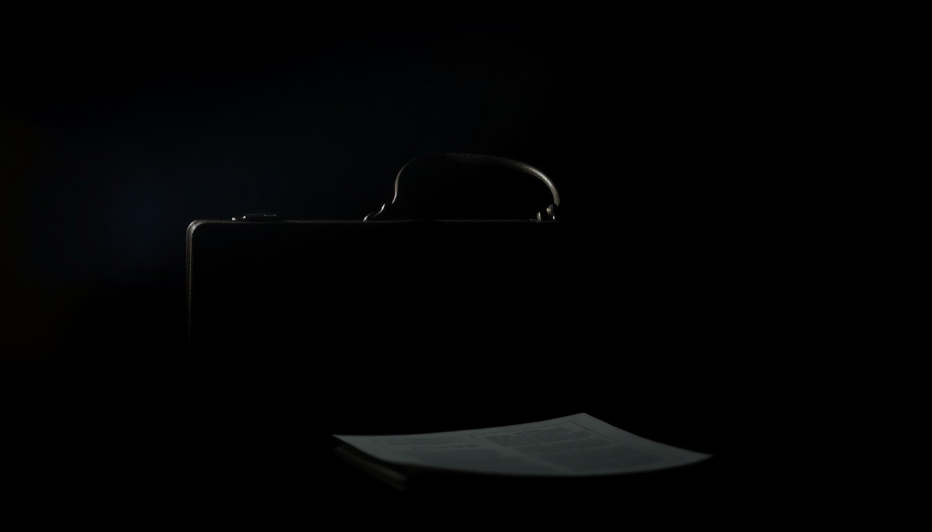 An extreme close-up photograph of a lawyer's briefcase, lit by a harsh, direct camera flash against a pitch-black background, conceptually representing the gritty, investigative nature of the unsolved attorney killings.