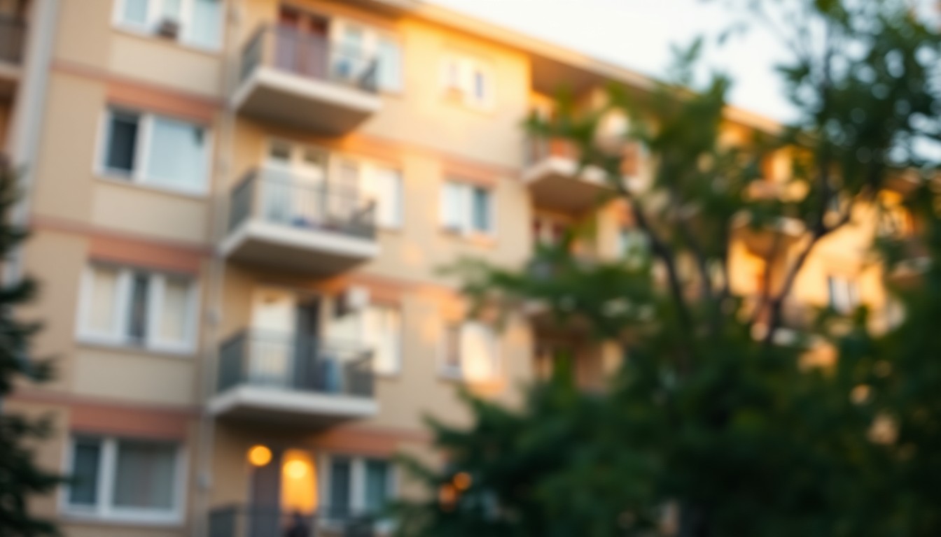 A hazy, impressionistic photograph of a multi-story apartment building, its details obscured in a soft, warm glow of light and color, conveying a sense of uncertainty and unease about the building's structural integrity.