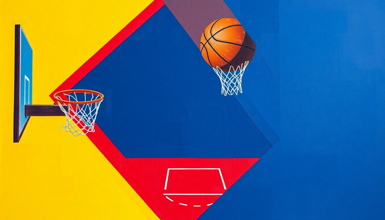 A cubist, geometric painting depicting a fragmented basketball game, with sharp planes of navy, crimson, and yellow intersecting to create a dynamic, abstract composition.