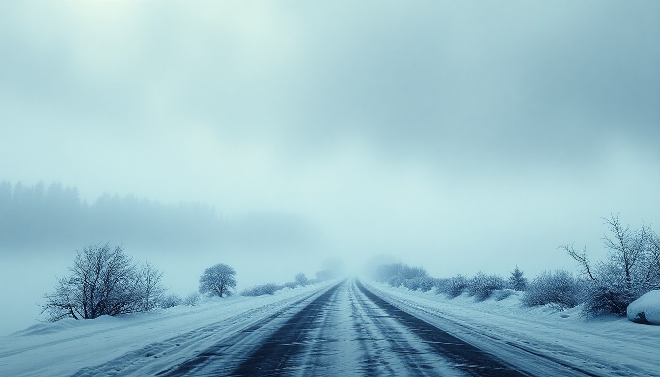 A sweeping, atmospheric landscape painting in muted tones of white, gray, and blue, depicting a snow-covered rural road winding through a vast, desolate winter scene, the road partially obscured by heavy snowfall and the natural world dwarfing any physical structures or vehicles within the frame.
