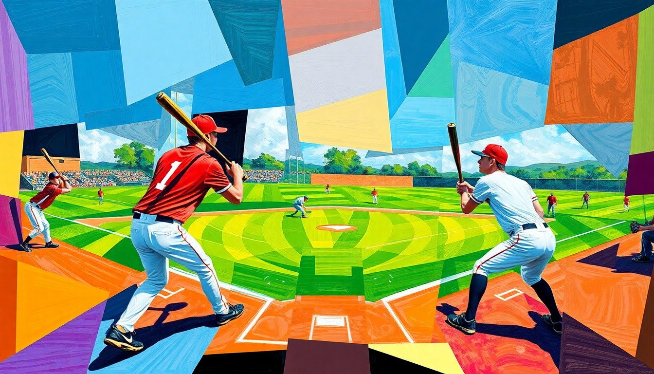 A cubist, geometric painting depicting a high school softball game, with overlapping planes of players, bats, and the field, conveying the dynamic action and unpredictable nature of the sport.