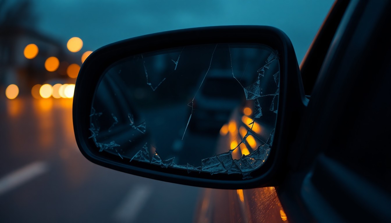An extreme close-up photograph of a cracked and damaged car side mirror reflecting the faint glow of streetlights, conceptually representing the aftermath of a hit-and-run collision.