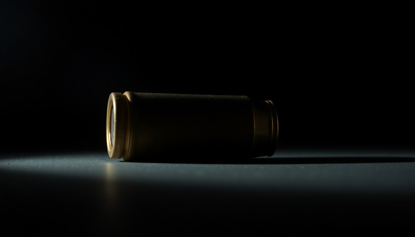 An extreme close-up photograph of a single spent shell casing on a dark background, lit by a harsh, direct camera flash, conceptually representing the physical evidence at the center of a cold case investigation.