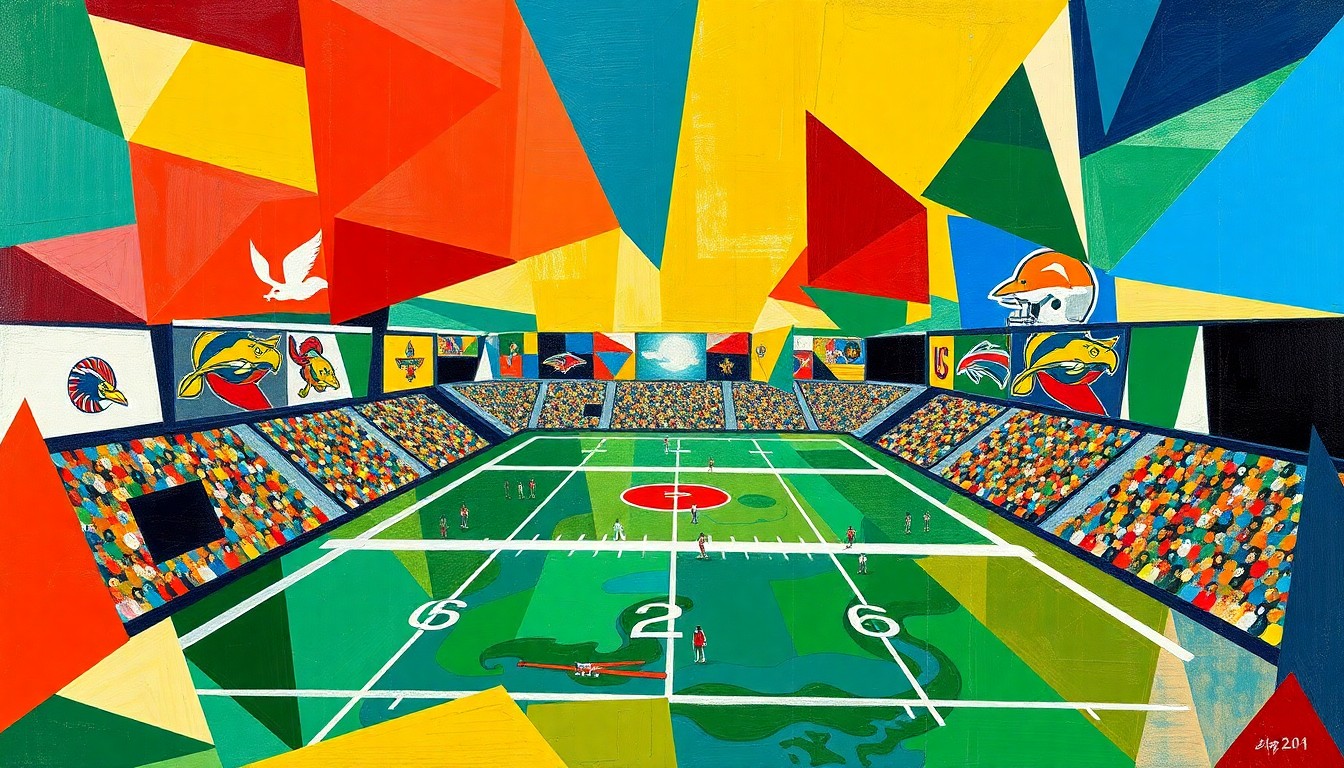 A fractured, geometric painting depicting a UFL football game, with sharp planes of color representing the players and action on the field.