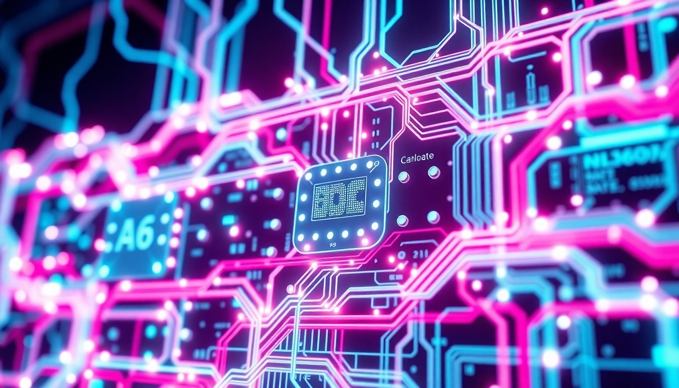 A highly detailed 3D illustration of glowing, interconnected circuit boards and data cables in shades of cyan, magenta, and white, conceptually representing the complex digital systems that underlie organizational technology modernization efforts.