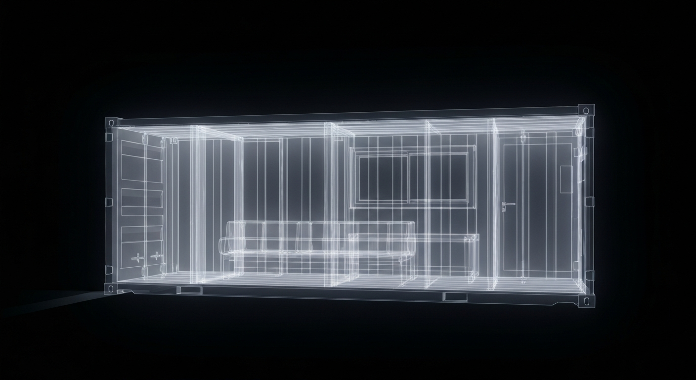 A translucent X-ray photograph revealing the internal structure of a shipping container, with glowing ghostly lines defining the medical equipment and technology inside, conceptually illustrating the telehealth services provided to the rural community.