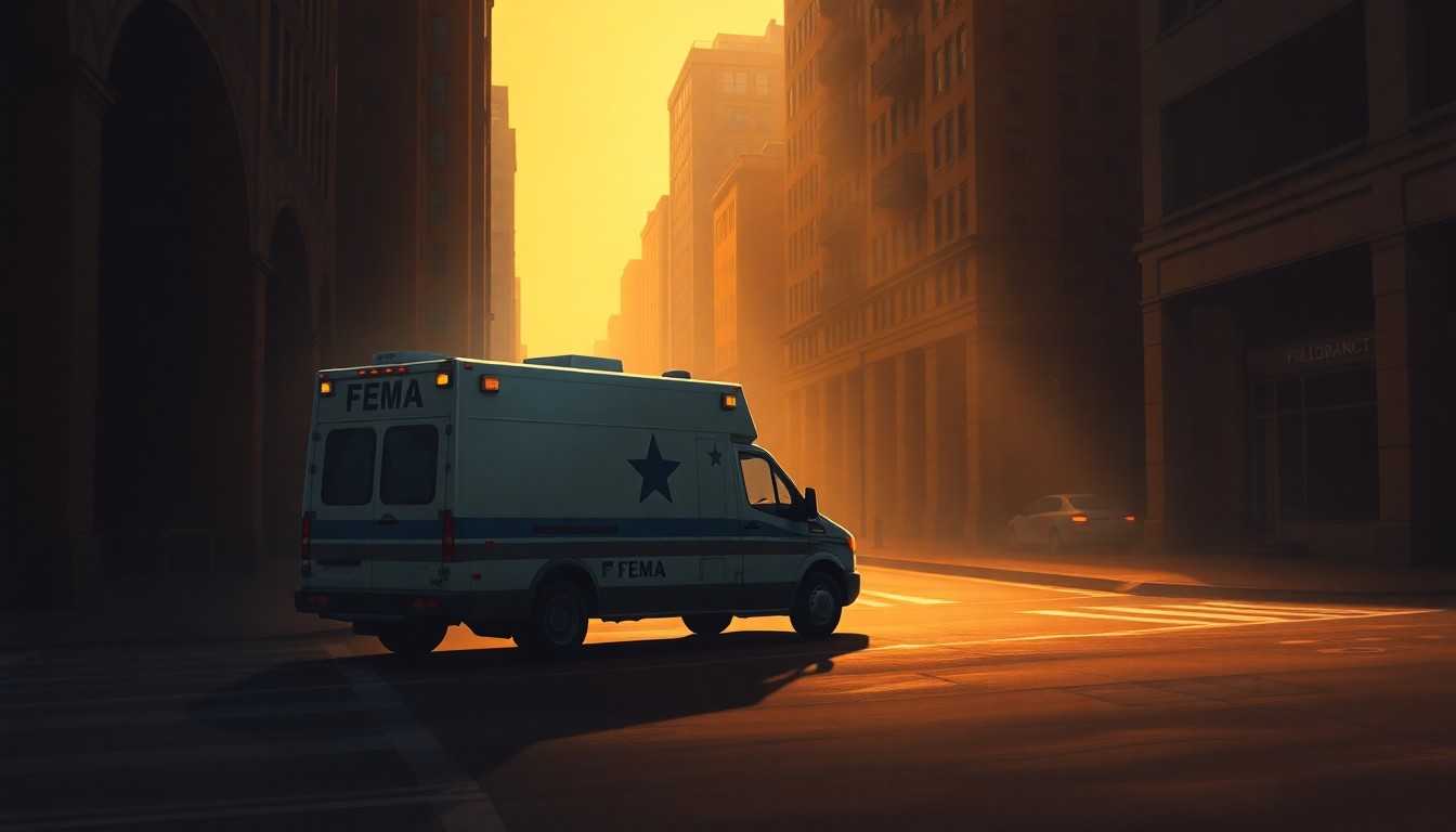 A photorealistic painting of a FEMA emergency vehicle parked on a quiet city street, with warm sunlight casting long shadows across the scene, conveying a sense of stillness and uncertainty.