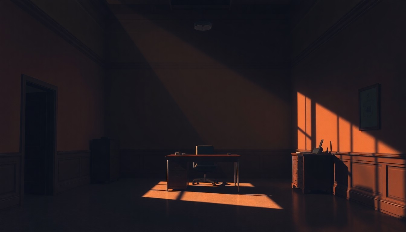 A dimly lit government office desk with a single chair, the scene bathed in warm, diagonal sunlight and deep shadows, conceptually representing the need for transparency and accountability in the reported firing of a state Attorney General.