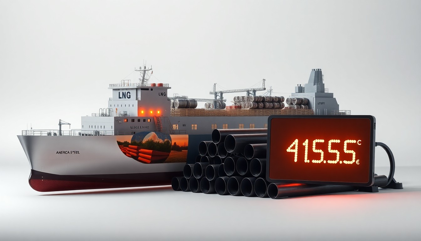 A minimalist, high-end studio still life photograph featuring polished metal and steel industrial objects arranged elegantly on a clean background, conceptually representing the global energy trade and American energy exports.