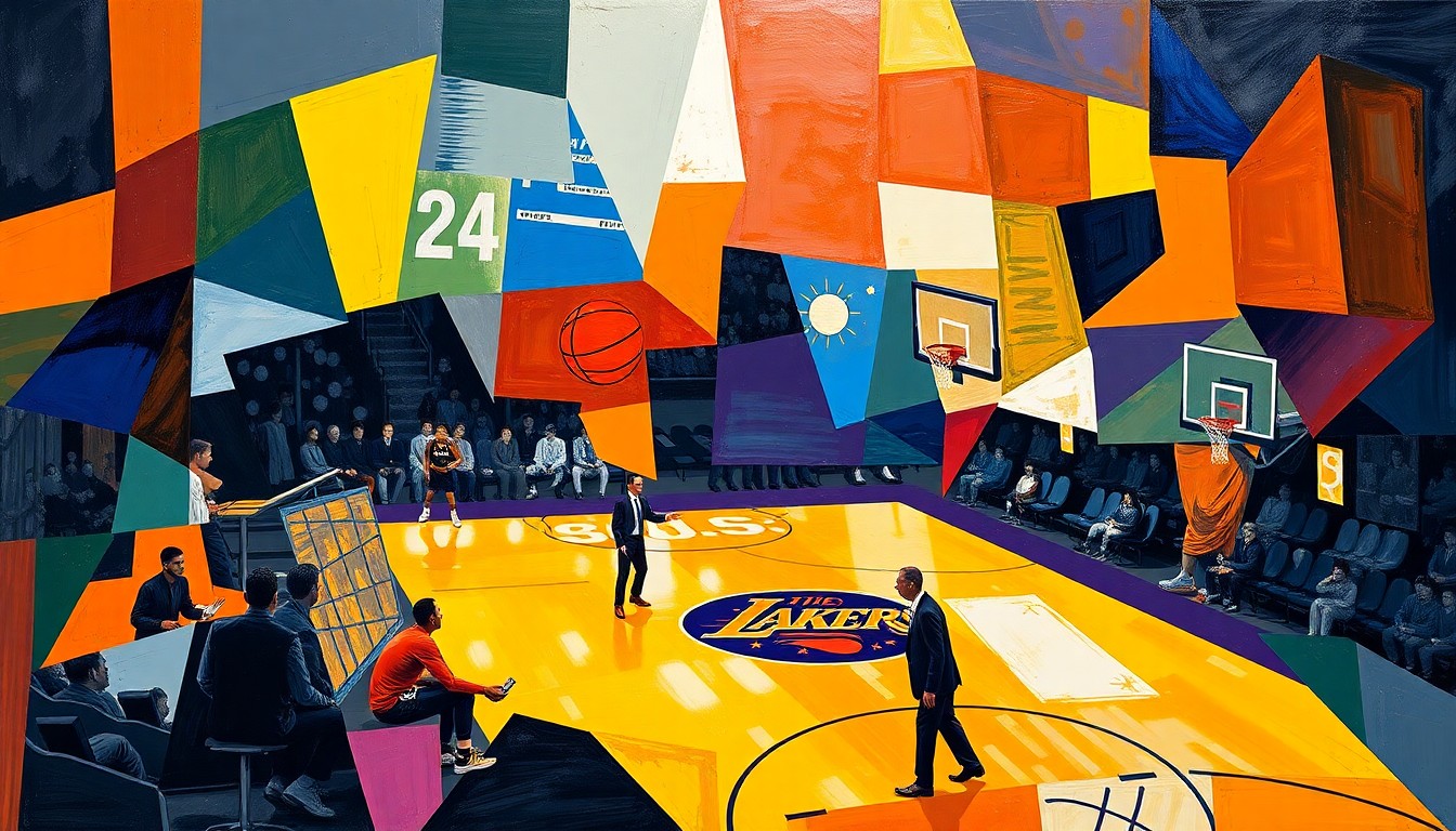 A fragmented, geometric painting depicting a basketball game or coaching scene, with sharp planes of color representing the Lakers and Suns teams.