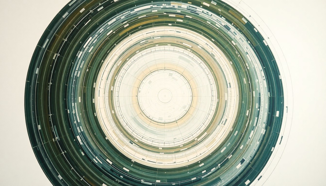 A bold, abstract painting in muted earth tones depicting a complex, interlocking system of geometric shapes and waveforms, representing the advanced optical communications technology aboard the Orion spacecraft during the Artemis II mission to the moon.