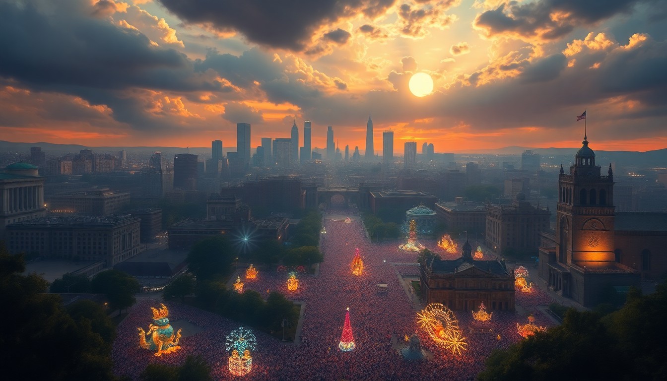 A vast, atmospheric landscape painting depicting the colorful, intricate parade floats dwarfed by the grand, sweeping cityscape of San Antonio, conveying a sense of anticipation and community pride.