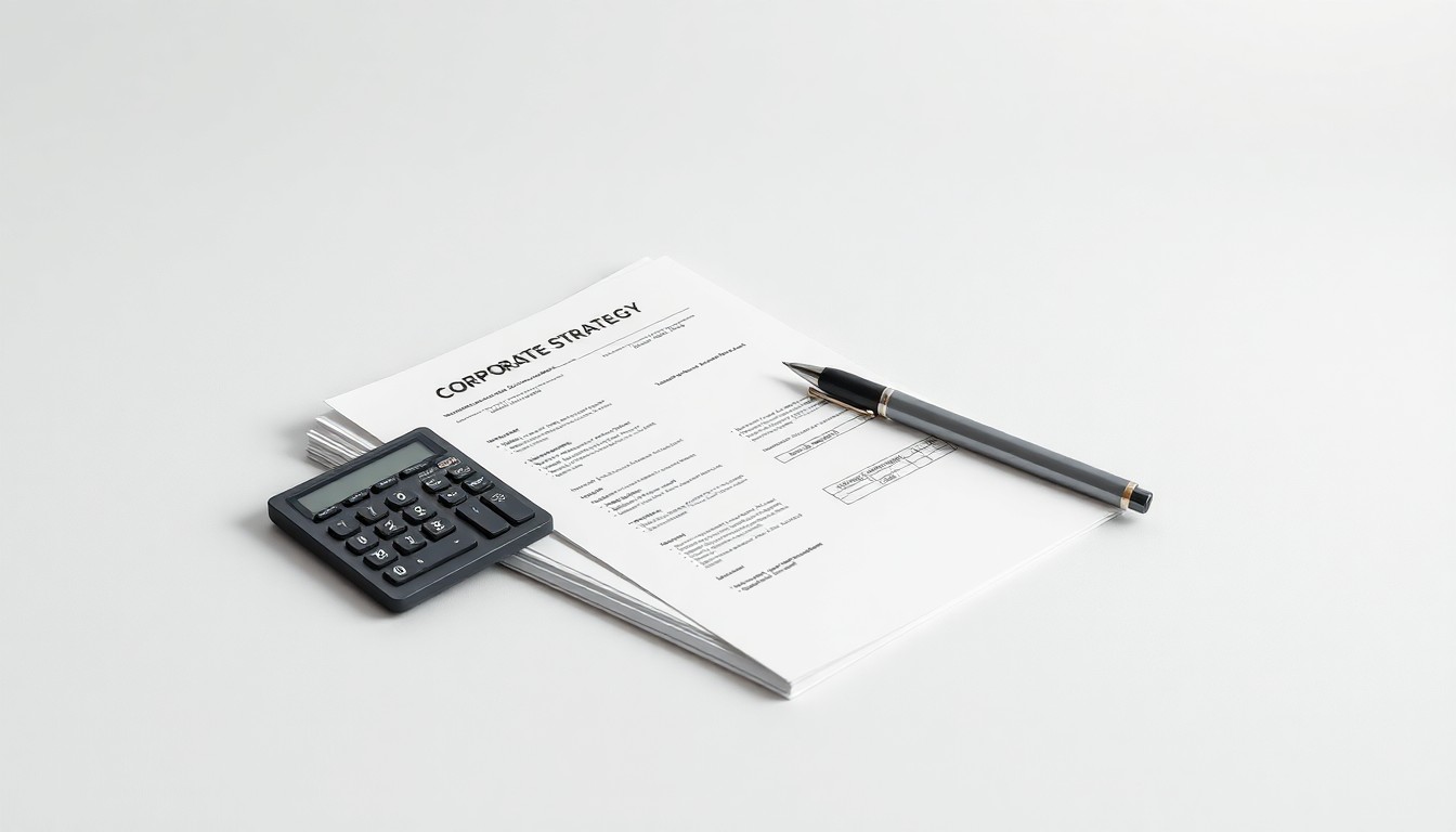 A high-end studio still life photograph featuring a stack of financial documents, a calculator, and a pen arranged elegantly on a clean, monochromatic background, conceptually representing the abstract concepts of corporate strategy, finance, and revenue cycle management.
