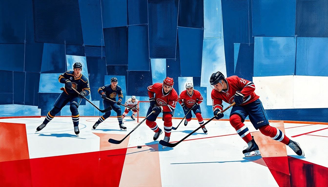A fragmented, geometric painting depicting the motion and energy of hockey players, sticks, and pucks in an abstract, multi-angled composition using bold, contrasting colors.