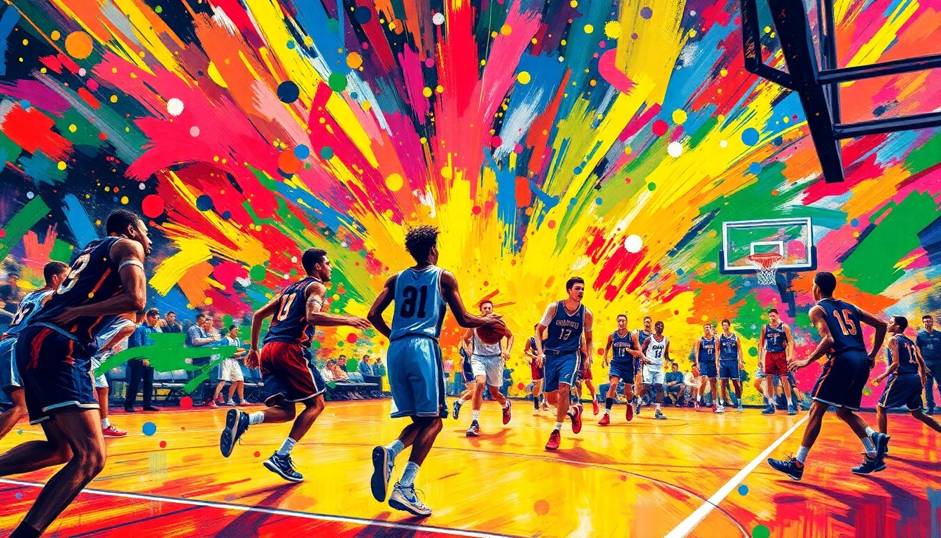 An abstract, expressionist painting in neon colors depicting the frenetic energy and movement of a high school basketball game, with players' forms dissolving into vibrant brushstrokes.