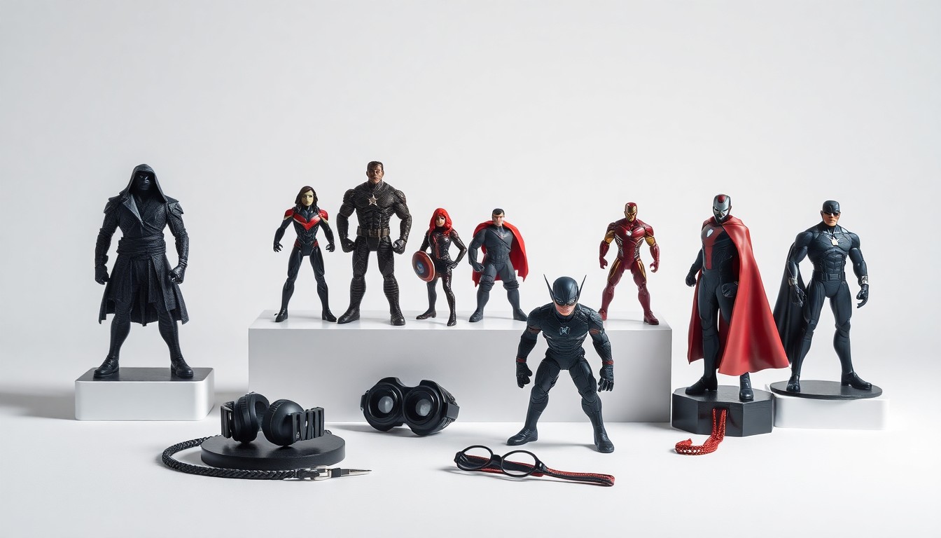 A high-end studio still life photograph featuring a carefully arranged display of premium Marvel collectible figurines and accessories on a clean, monochromatic background, conceptually representing the transformation of attention into predictable revenue.