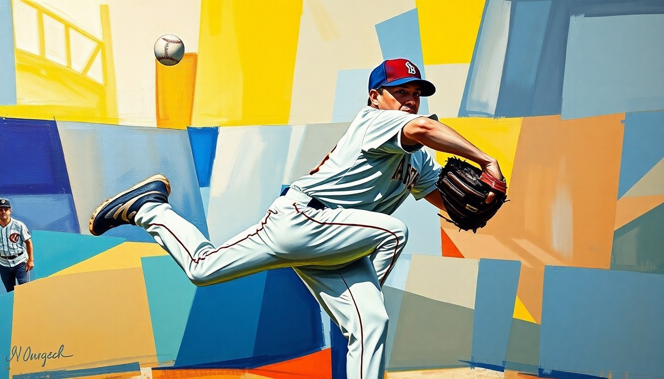 A fragmented, geometric painting depicting the motion of a baseball pitcher, with sharp planes of color and form representing the overlapping perspectives of the delivery.