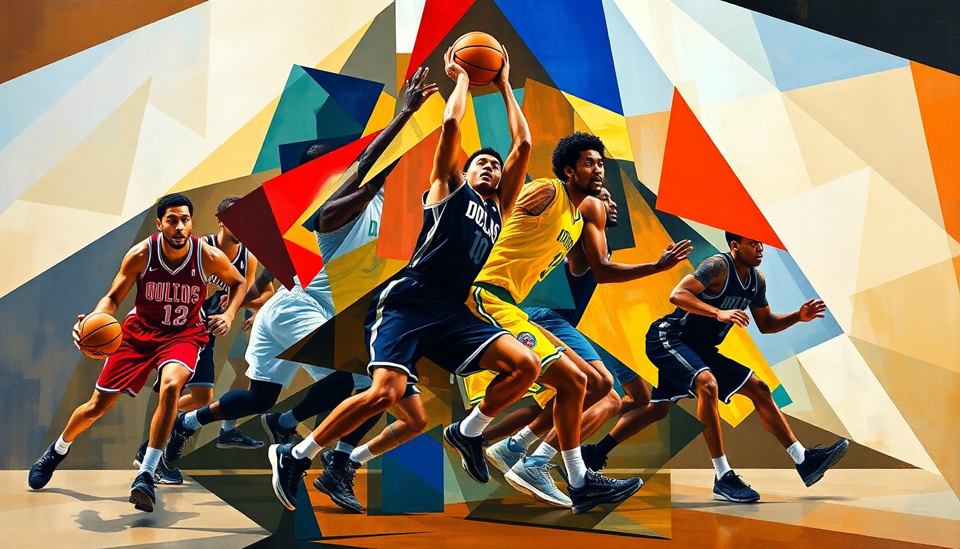 A fragmented, geometric painting depicting the dynamic action of a college basketball game, with players' forms broken down into sharp, overlapping planes of color and movement.