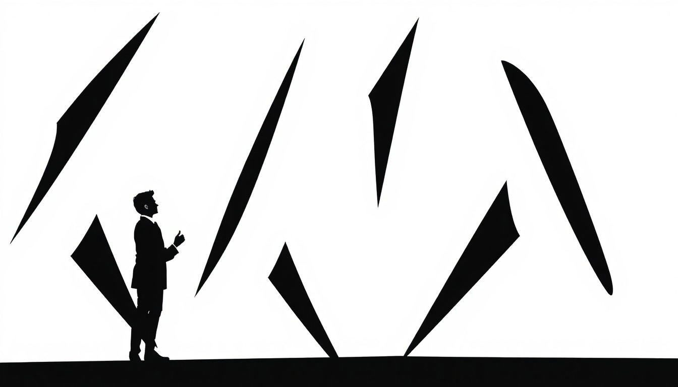 A striking black and white illustration featuring bold, angular geometric shapes arranged in a dynamic, abstract composition, conceptually representing the disruption of an unexpected public proposal at a professional event.