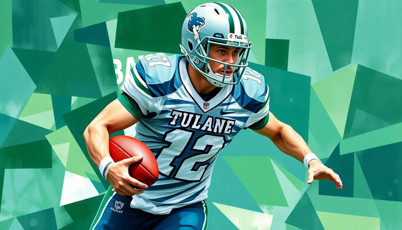 A cubist, geometric painting depicting a Tulane football player in action, with sharp, overlapping shapes and planes in the team's green and blue colors.