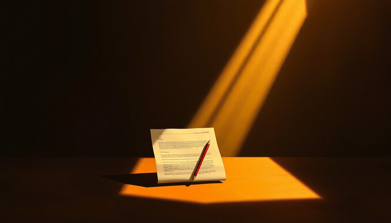 A close-up painting of a legal document or gavel resting on a wooden table, with warm, dramatic lighting casting long shadows across the scene, conveying a sense of quiet contemplation and the resolution of a complex legal case.