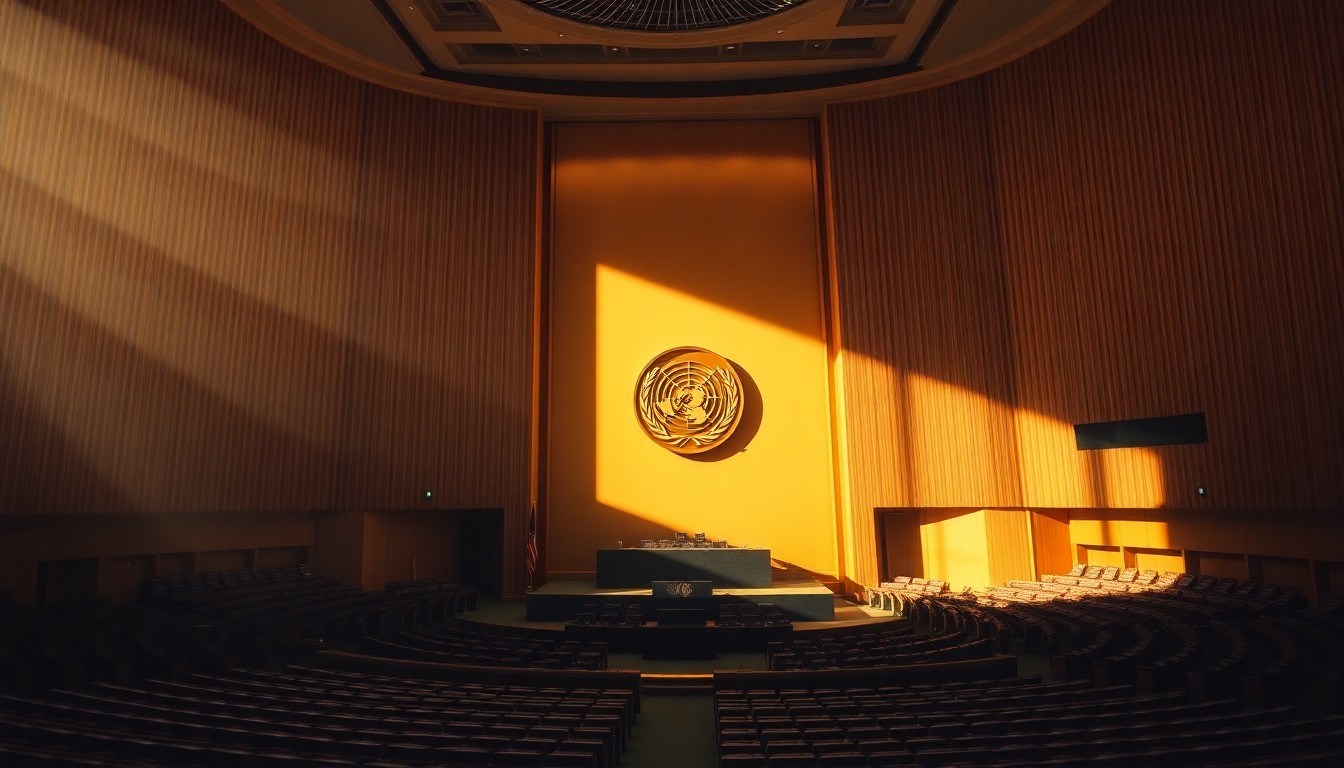 A dimly lit, cinematic painting of the empty UN General Assembly chamber, with warm sunlight streaming in through the windows and deep shadows cast across the rows of seats, conveying a sense of solemnity and diplomatic urgency.