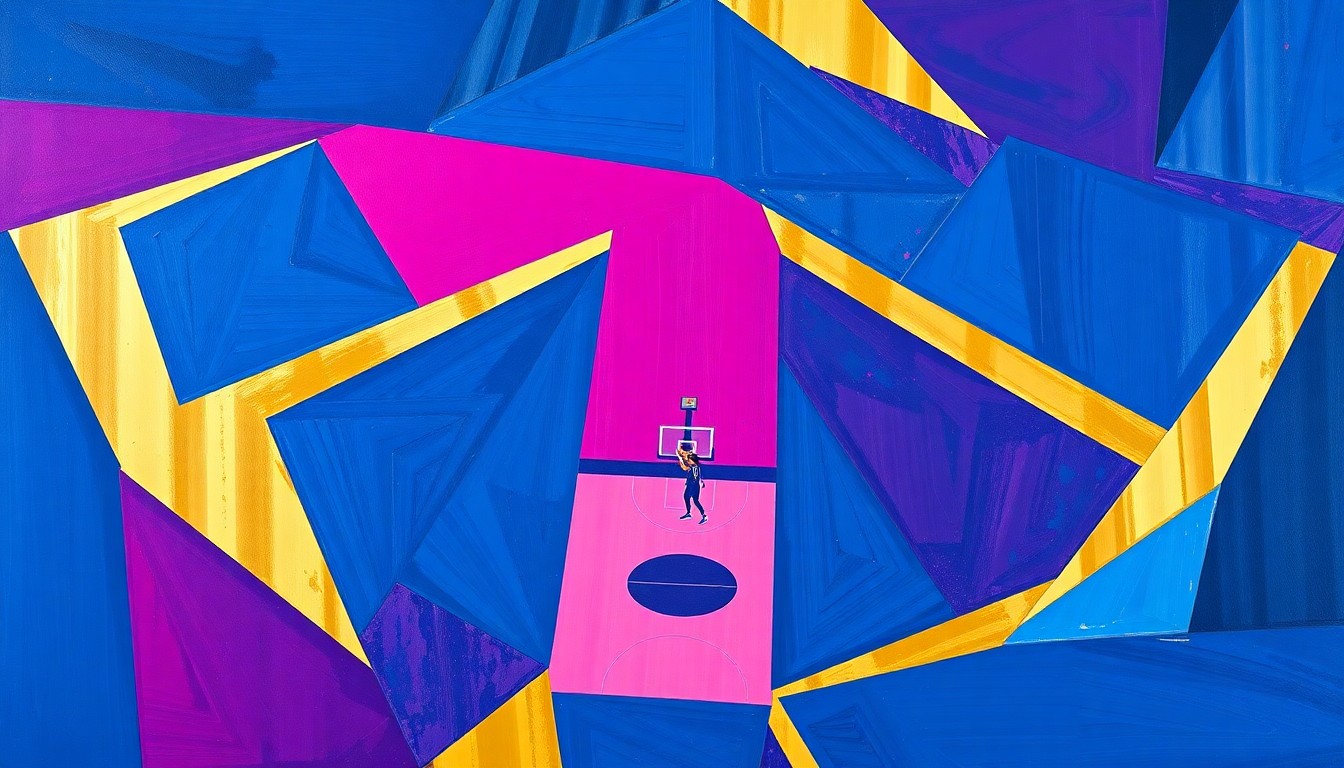 A cubist-style painting featuring fragmented geometric shapes in shades of blue, magenta, and gold, representing the dynamic action and energy of a WNBA basketball game.