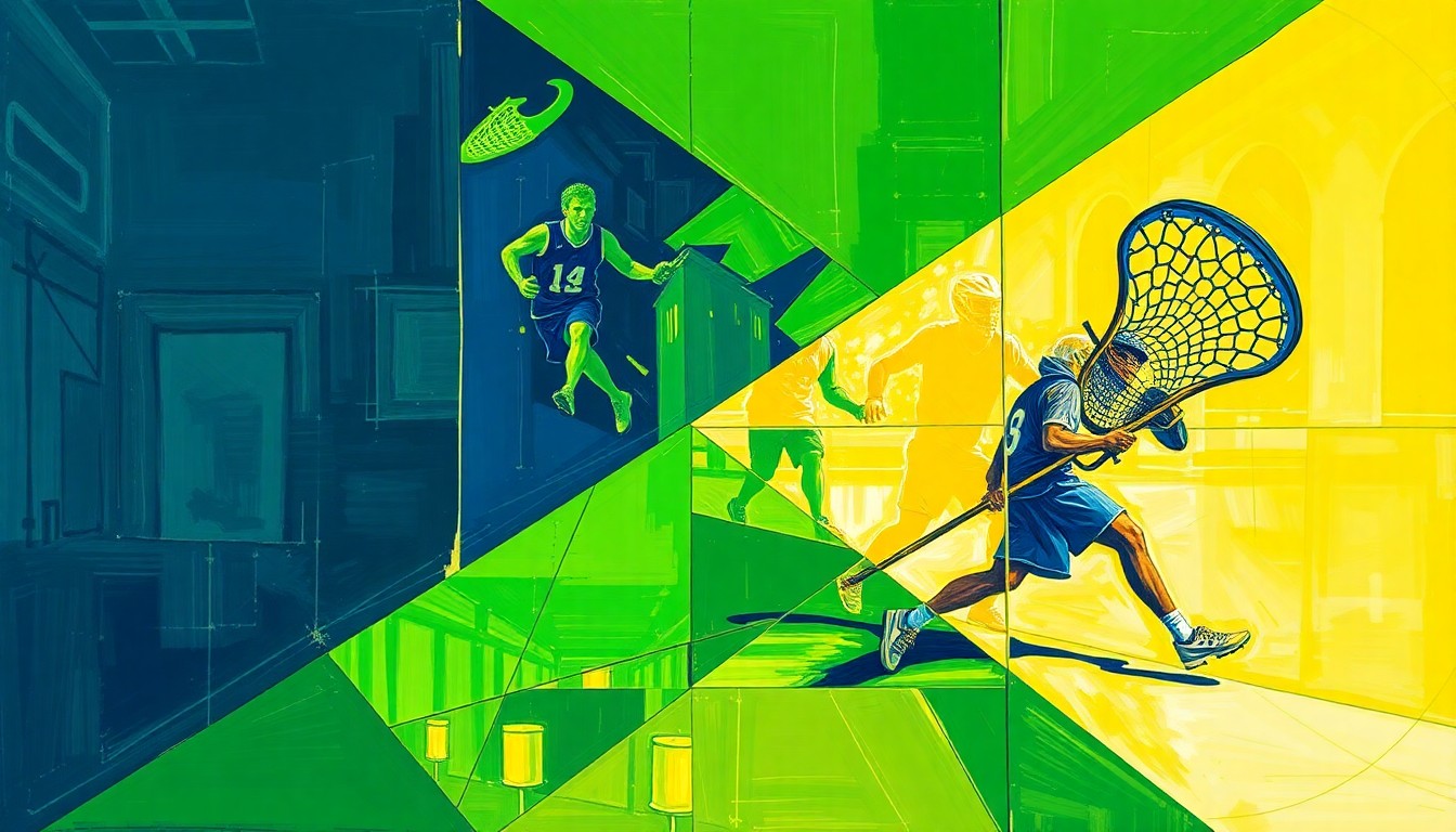 A cubist, geometric painting depicting a college lacrosse match, with sharp, overlapping planes of bright green, navy blue, and gold representing the players and action on the field.
