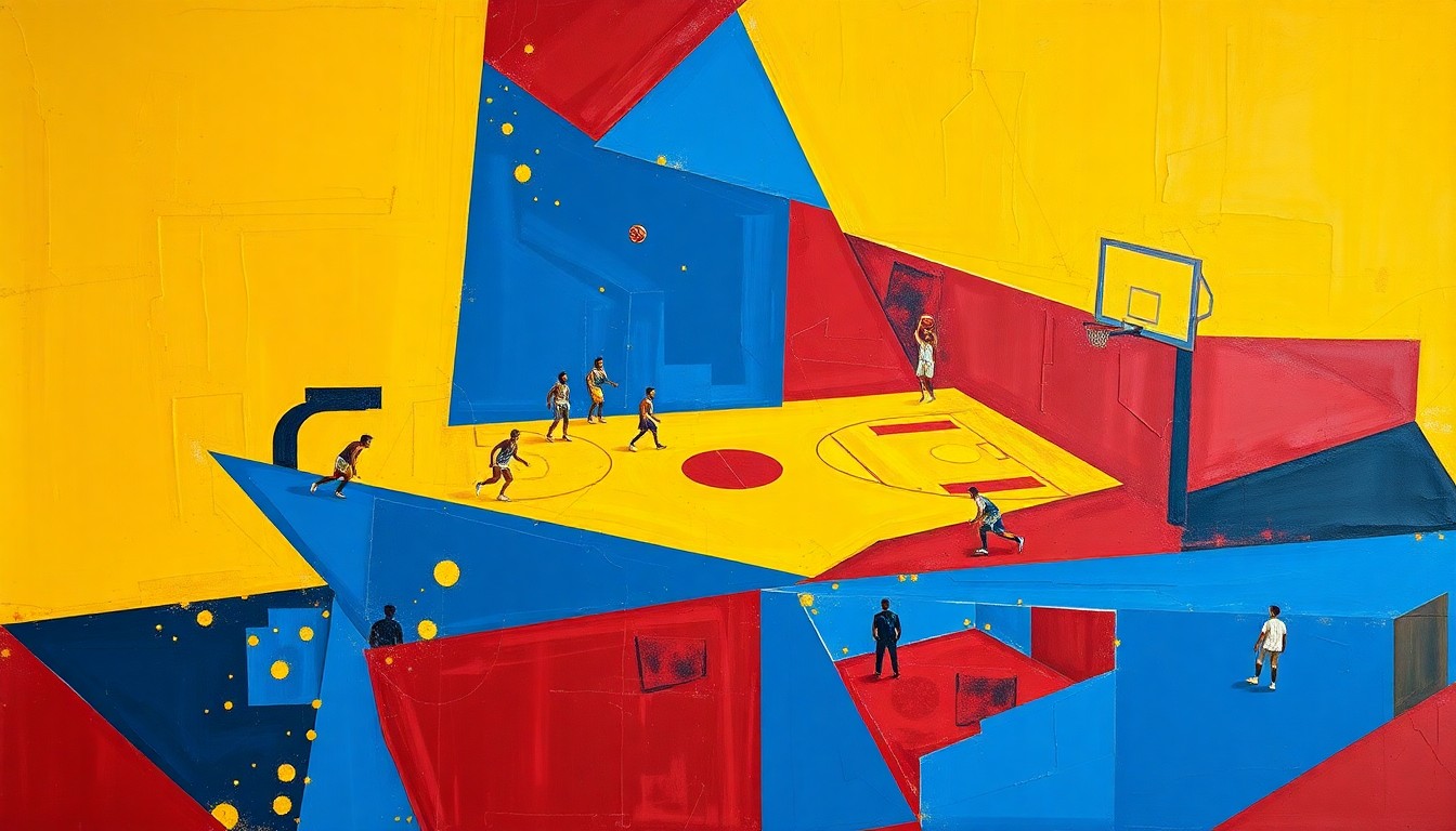 A fragmented, geometric painting depicting a basketball game, with sharp planes of color and overlapping shapes representing the dynamic action on the court.