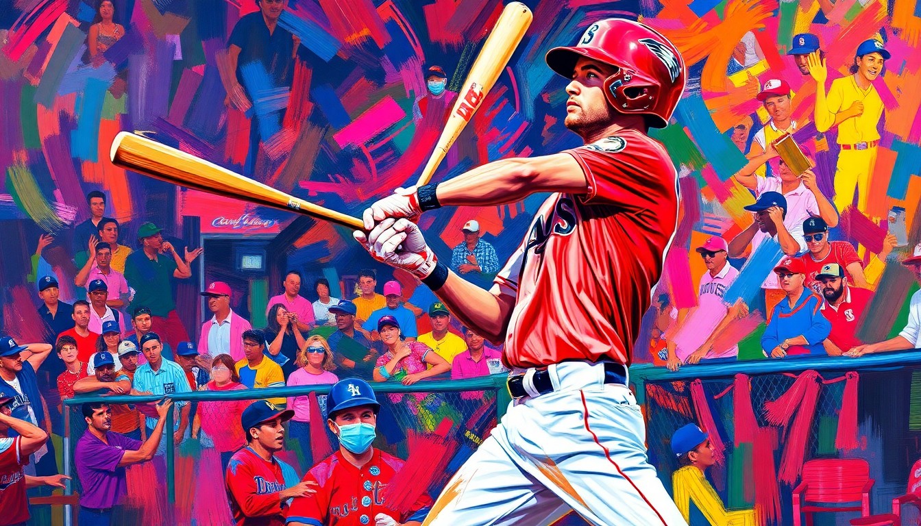 A dynamic, colorful painting featuring bold, energetic brushstrokes in neon shades of red, orange, and yellow, conceptually representing the power and excitement of a young baseball player's historic first hit.