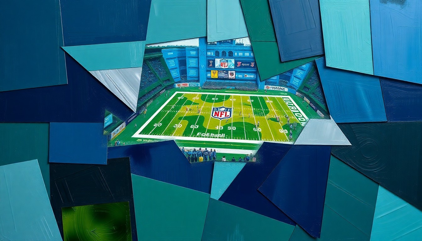 A cubist-style painting depicting fragmented, overlapping geometric shapes in navy, green, and silver tones, representing the complex process of building an NFL roster through the draft and free agency.