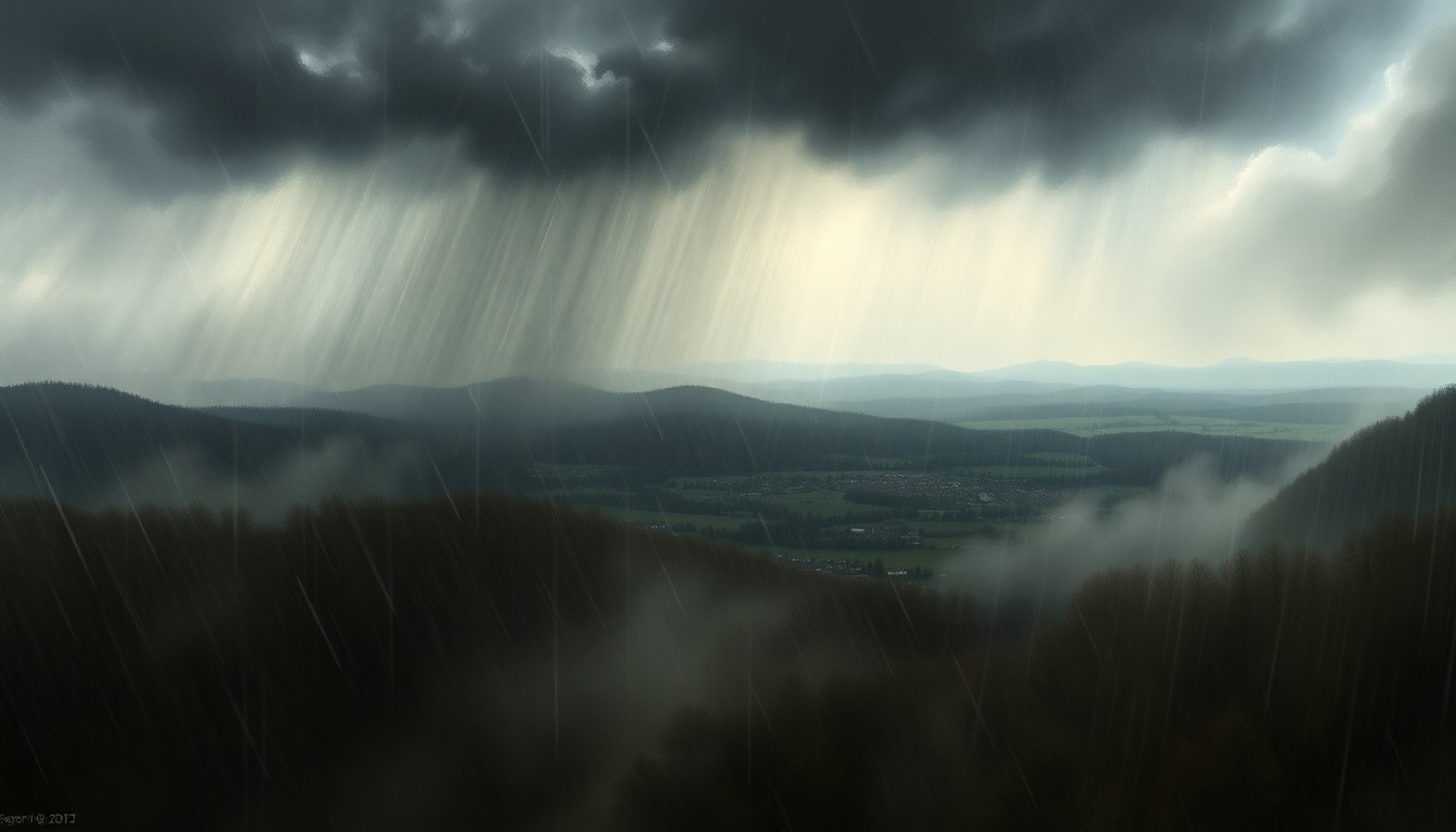A sweeping, atmospheric landscape painting in muted tones of gray, blue, and green, depicting a rural town in the distance obscured by heavy rain and wind. The scene conveys the overwhelming power of the natural elements, with no visible human structures or infrastructure.