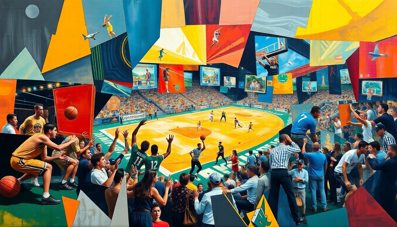A vibrant, fragmented painting depicting various sports scenes - a basketball game, a golf swing, a wrestling match - broken down into sharp, intersecting geometric shapes and planes, conveying the dynamic nature of the April 2026 sports calendar.
