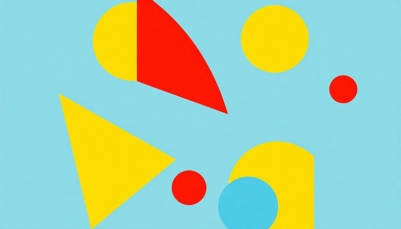 A minimalist abstract illustration using bold geometric shapes and primary colors to conceptually represent the rising costs of road construction projects, with overlapping triangles and circles in shades of blue, red, and yellow.