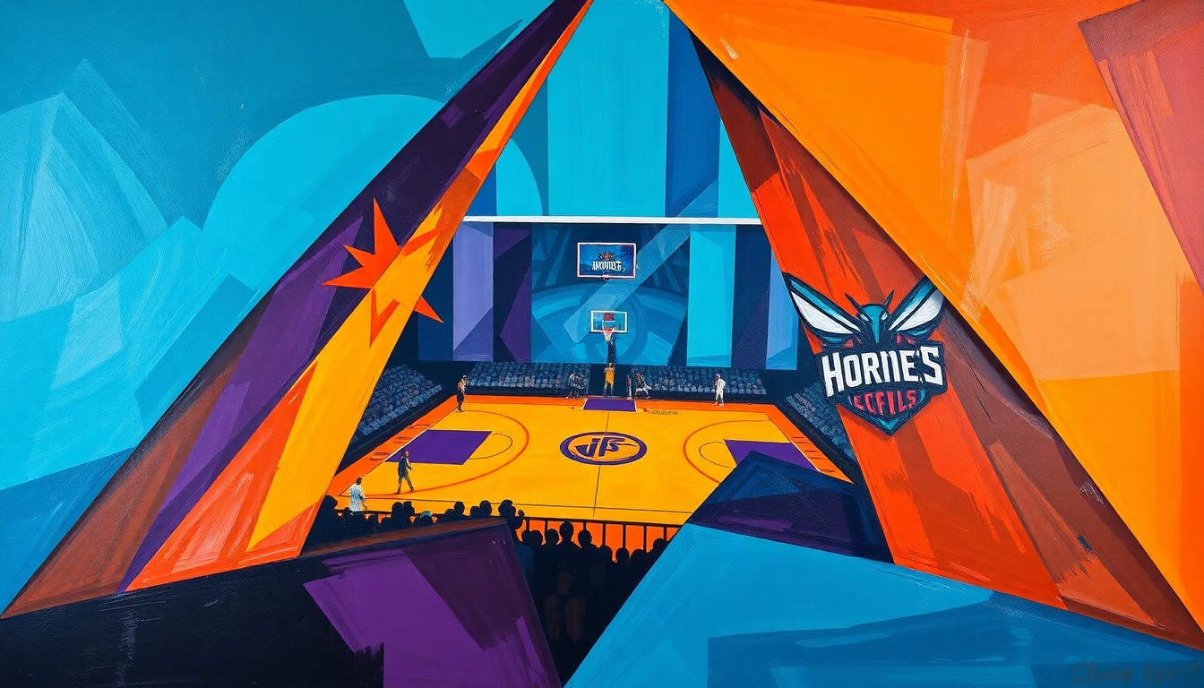 A cubist, geometric painting depicting a basketball game in motion, with fragmented, overlapping shapes and planes in vibrant colors representing the dynamic action on the court.