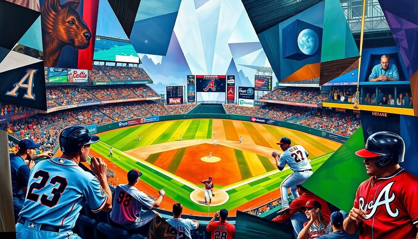 A fractured, multi-perspective painting in vibrant colors, breaking down a baseball game between the Arizona Diamondbacks and Atlanta Braves into sharp, overlapping geometric planes and angular forms, capturing the dynamic energy of the sport.