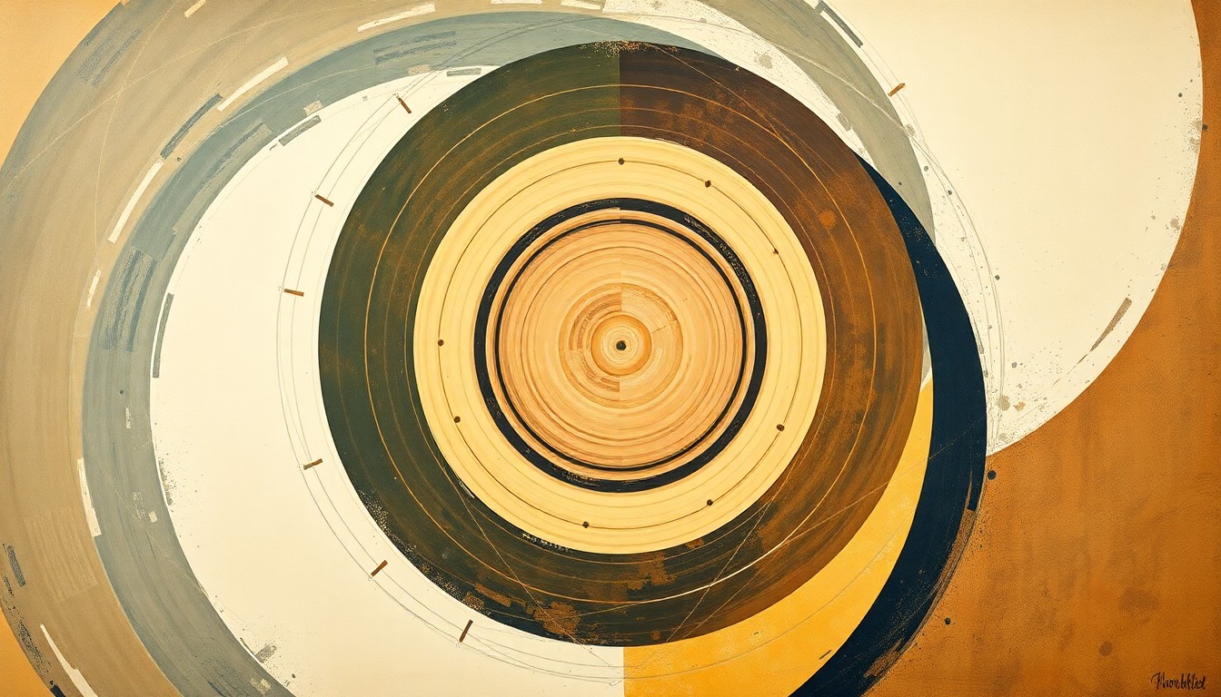 A highly textured, abstract painting in earthy tones of ochre, sage, and indigo, featuring sweeping geometric arcs, concentric circles, and precise spirals, conceptually representing the complex forces and structures of space exploration.