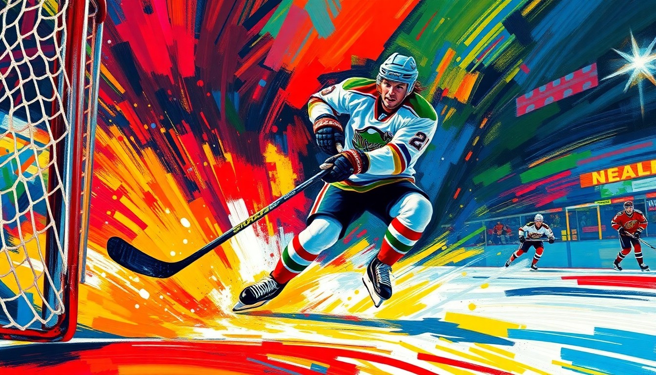 An abstract, energetic painting in neon colors depicting a hockey player scoring a goal, with the player's form and movement blurred and dissolved into the expressive brushstrokes.