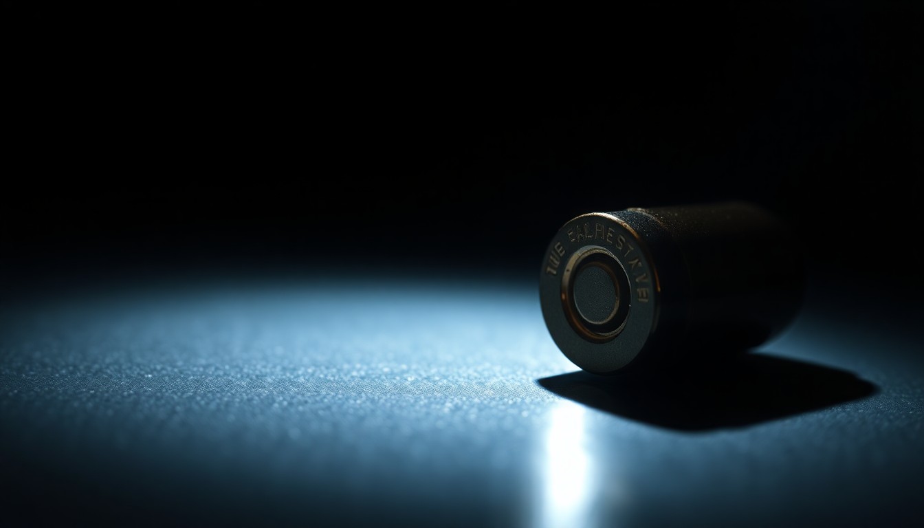 An extreme close-up photograph of a single bullet casing on a dark surface, lit by a harsh, direct camera flash, creating a stark, gritty, investigative aesthetic.
