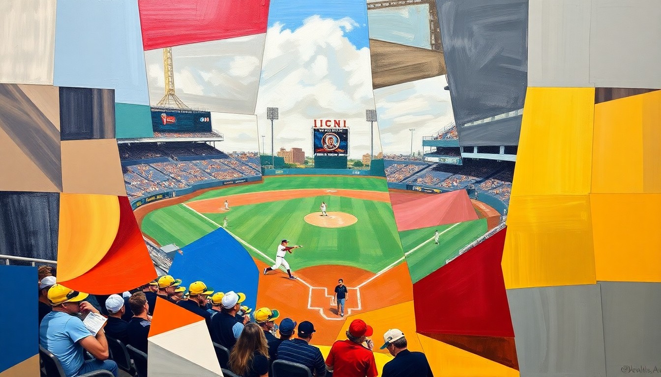 A fragmented, geometric painting depicting the dynamic movements and energy of a softball game, with players and the field broken down into sharp, overlapping shapes and planes.