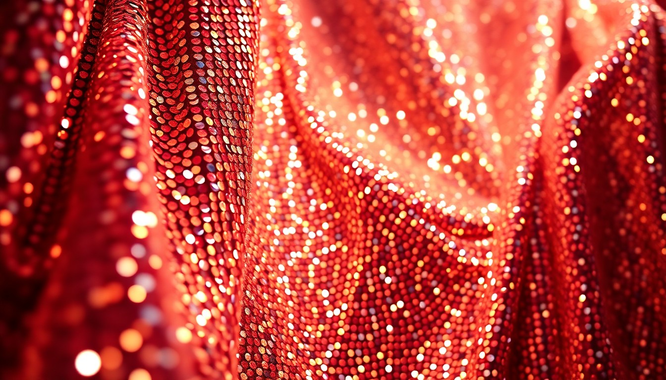 An abstract close-up photograph featuring dramatic, high-contrast lighting on luxurious textures like sequins and velvet, evoking the glitz and excitement of a Broadway stage performance.