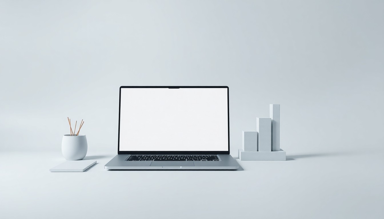 A high-end, photorealistic studio still-life photograph featuring a sleek, modern laptop computer, a minimalist desk organizer, and a stylized data visualization graph, all arranged elegantly on a clean, monochromatic seamless background, conceptually representing the innovation and growth of a successful technology company.