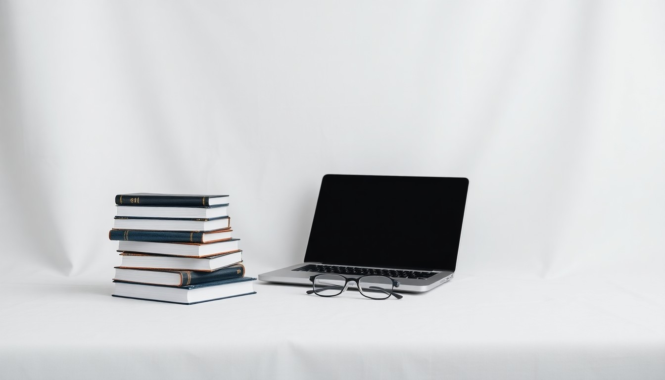 A minimalist studio still life photograph featuring a stack of books, a laptop, and a pair of eyeglasses arranged elegantly on a clean, white background, symbolizing the intersection of education, technology, and innovation.