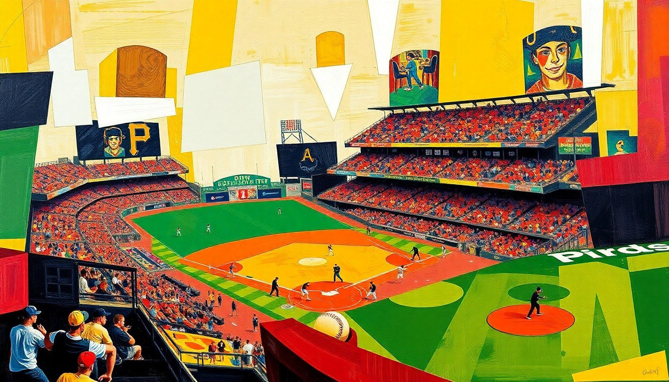 A cubist, geometric painting in the Pirates' team colors of black, gold, and red, capturing the dynamic energy and movement of a baseball game.