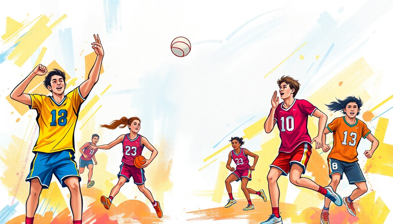 A vibrant, expressive painting using bold brushstrokes and a colorful palette to conceptually represent the energy and excitement of high school sports.