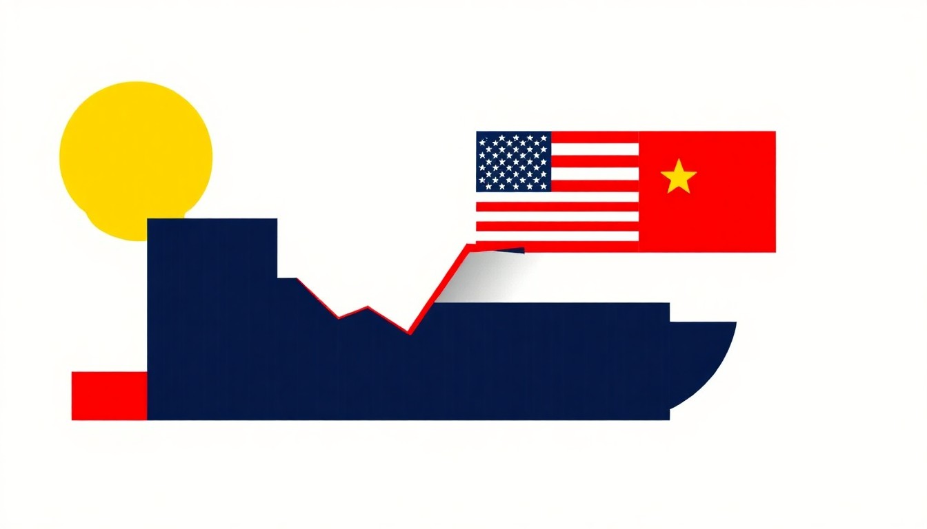 A geometric abstract illustration using bold shapes and primary colors to conceptually represent the economic challenges facing the United States.